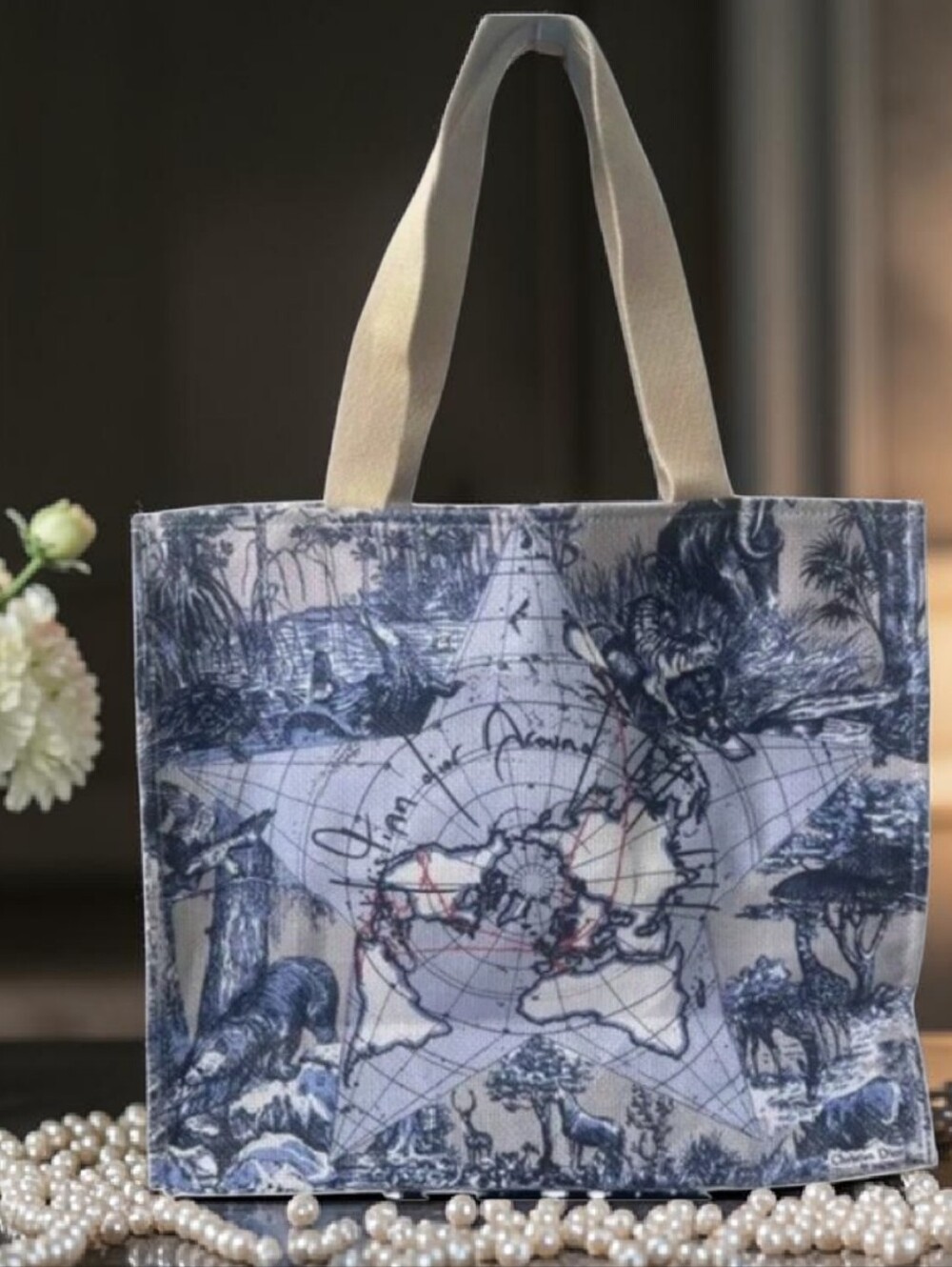 Dior Blue and Cream Toile Map Canvas Tote